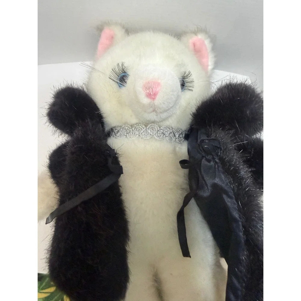 Vintage Russ Berrie Jennifer White Cat Plush Black Faux Fur Coat Eyelashes Korea